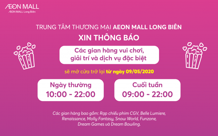 AEON MALL Long Biên mở cửa trở lại rạp chiếu phim, gym, spa