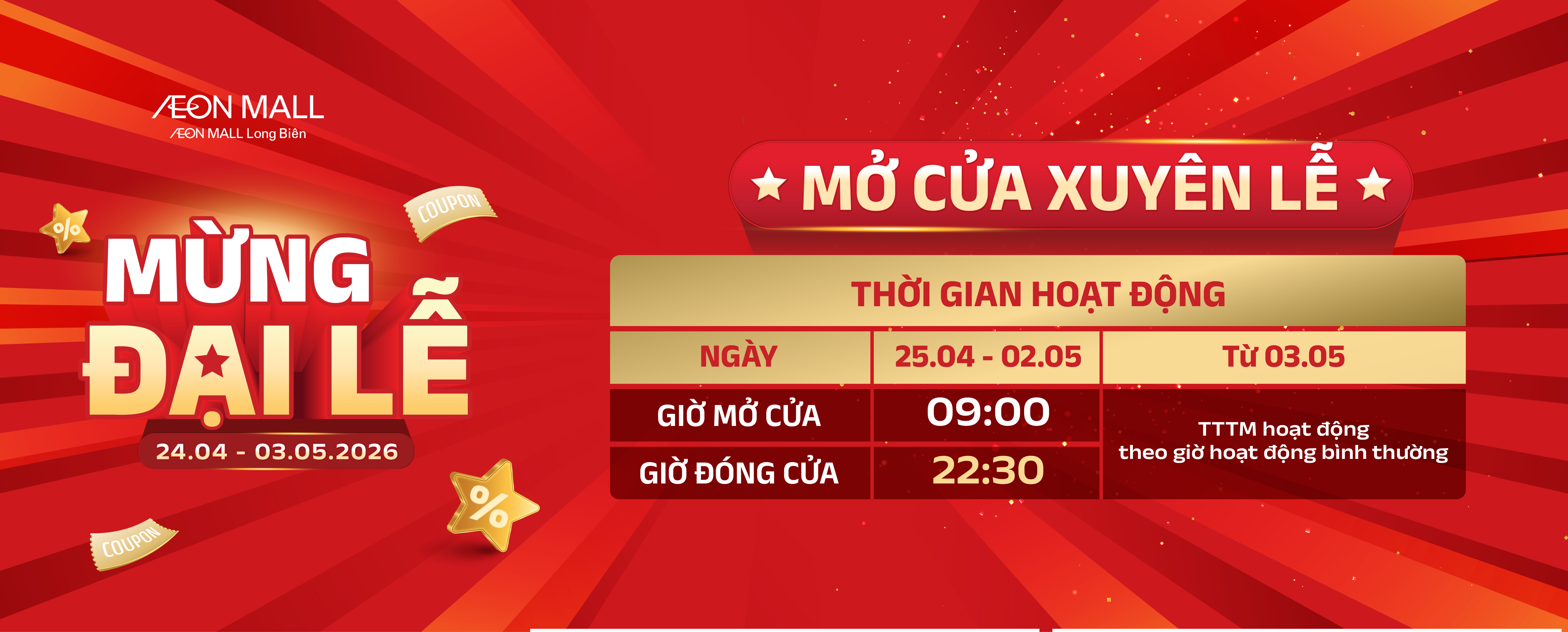 SALE TƯNG BỪNG – MỪNG ĐẠI LỄ - AEON MALL LONG BIÊN MỞ CỬA XUYÊN LỄ